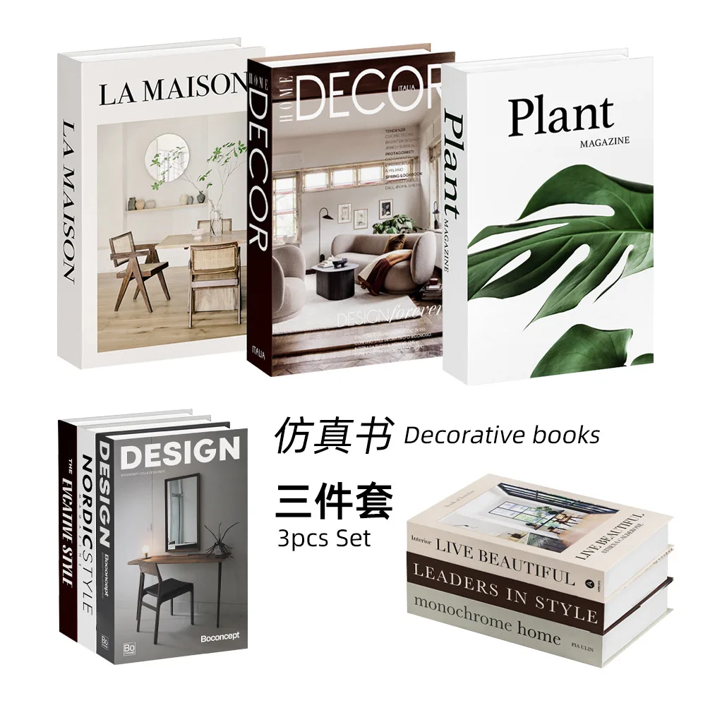 Interior Design Book - 3er-Set Simulationsbücher zur Dekoration, luxuriöse Wohnzimmer-Bücherregal-Requisiten,